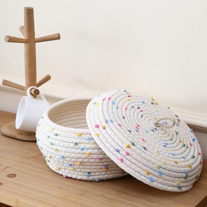 Sea Team Round Woven Cotton Rope Storage Basket with Lid, Rainbow | Decorative Colorful Pompom Knitted Storage Bin, Pot, Caddy, Organizer, Container for Snacks, Towels, Plants, 10 x 4.5 Inches