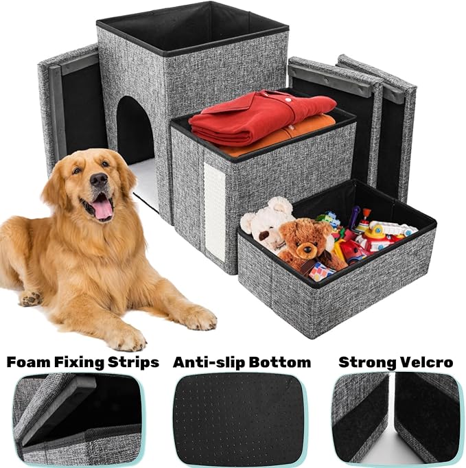 Dog Stairs for Small Dogs, 3 Tiers Dog Step with Storage, Foldable Older Cat Ramp with Condo Cat Scratcher, Portable Pet Ladder for High Bed Couch Chair Car, Up to 165 Lbs, 17 Inch