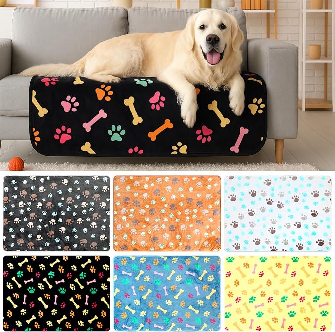 Tegeme 6 Pcs Waterproof Dog Blanket 41 x 30 Inch Paw Print Pet Blanket for Dogs Cats Puppy Washable Soft Fluffy Fleece Rug Flannel Throw Warm Sleep Mat for Kitten Doggy