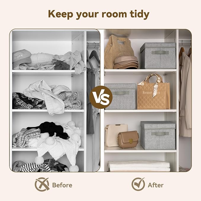 GRANNY SAYS Storage Bins with Lids, Decorative Storage Boxes with Lids | Storage Box with Dust Cover, Handles & Lable, Collapsible, Ideal for Closet Clothes Blanket Toys, Medium, Ash Gray, 3-Pack