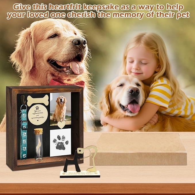 8.6'' Pet Shadow Box Memorial Gift with 1.8in Depth, Rustic Collar Holder Picture Frame Paw Print Kit Dog Cat Wooden Sculpture Pet Ashes Fur Jar Rainbow Sympathy Gift Tabletop Wall Hanging