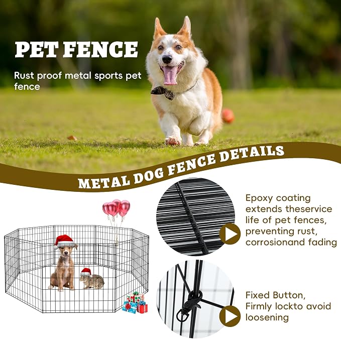 8-Panel Foldable Metal Dog Exercise Pen – 24/30/36/42/48 Inch Height, Step-Through Door Design, Indoor/Outdoor Playpen for Puppies & Dogs, Black Epoxy Coated Heavy Duty Pet Fence