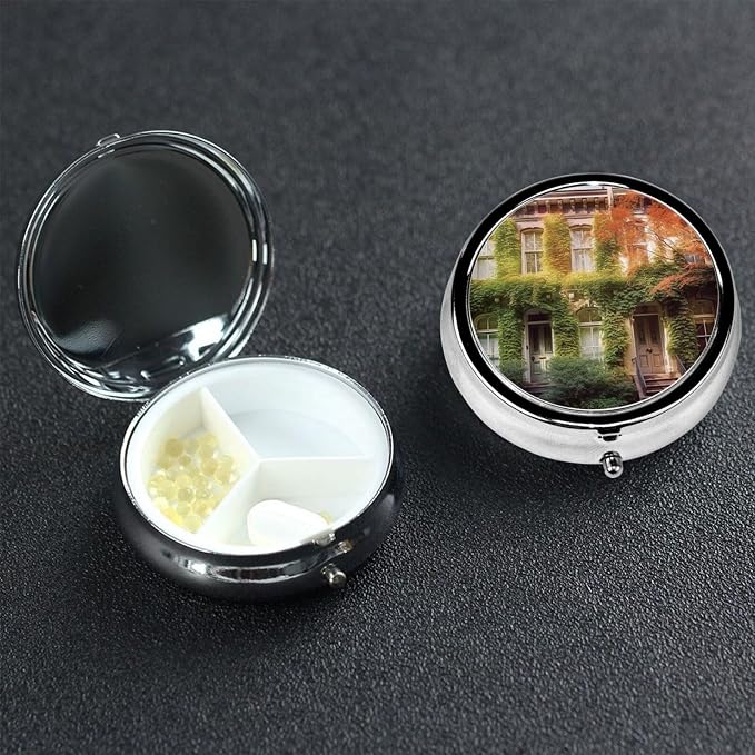 Round Pill Box Leafy Townhouses Pill Case for Purse & Pocket 3 Compartment Pill Organizer Portable Travel Pillbox Medicine Pill Holder Container for Daily Vitamin Cod Liver Oil Storage