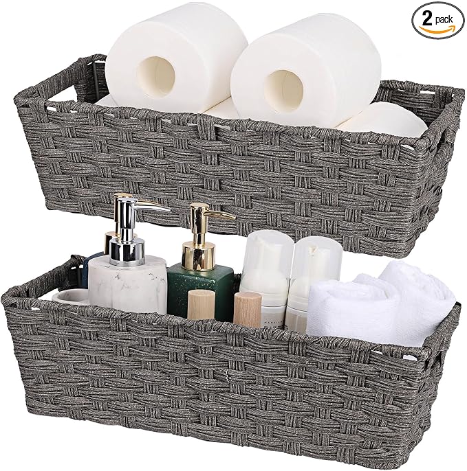 2-Pack Plastic Wicker Toilet Paper Baskets, 15.75"x6.75"x4.75", Dark Grey | onlytak Woven Baskets for Bathroom, Toilet Tank, Shelf Organization, Home Decor