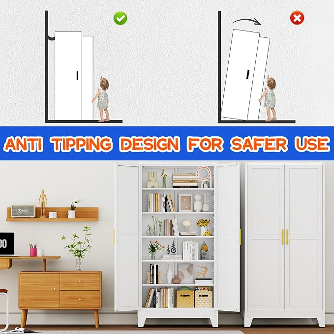 GAIOUS 75.2" Tall Metal Storage Cabinet with 2 Doors & 5 Adjustable Shelves | New upgrade Kitchen Pantry Cabinet, White Freestanding Cupboard, 6 Tier Steel Storage for Office, Kitchen, Dining, Garage
