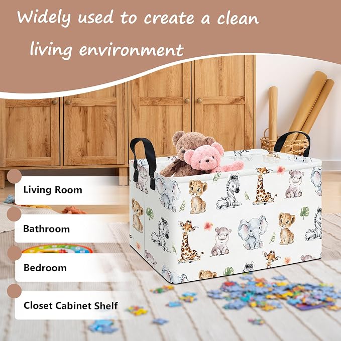 Rectangular Safari Animal Storage Bin, Fabric Closet Organizer Basket | Reinforced side grips, foldable container arranges wardrobe and bedroom daily belongings