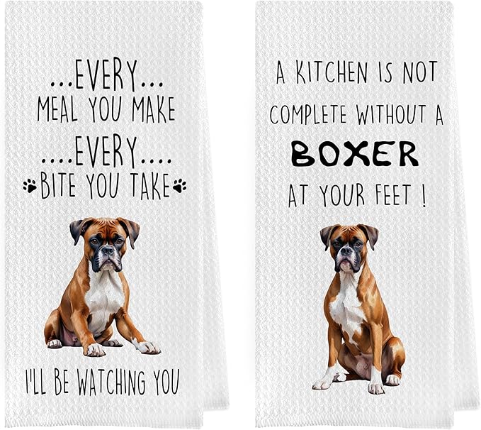Gqtt Boxer Dog Dish Towels Set - Funny Dog Gifts, Decorative Waffle Weave Kitchen Towels, Hand & Tea Towels (1624 Inches, Set of 2)