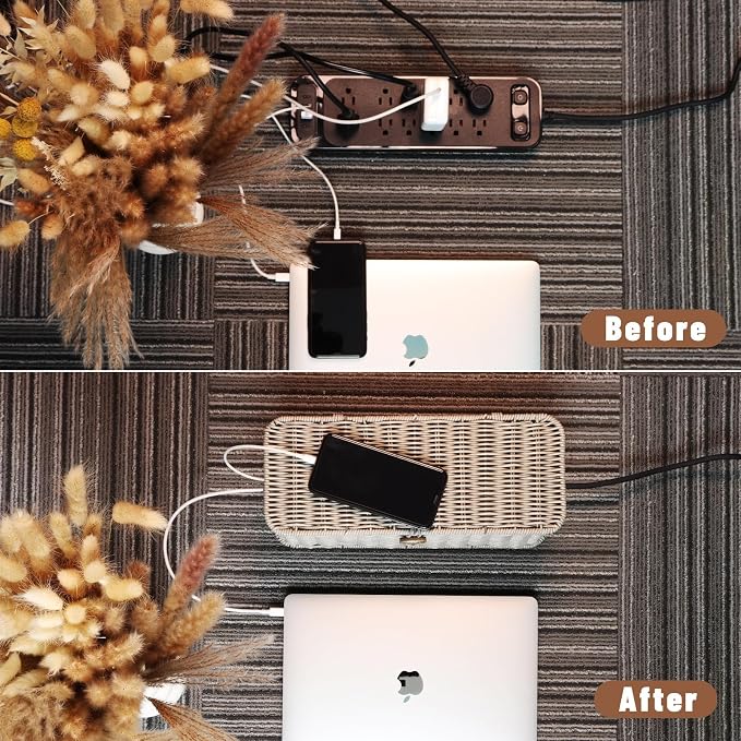 Cable Management Box, Cord Organizer with Lid & Cable Ties - Gray Small | Handmade Open Slots Cord Hider Outlet Covers for Power Strip TV PC Router Charger Under Desk Storage