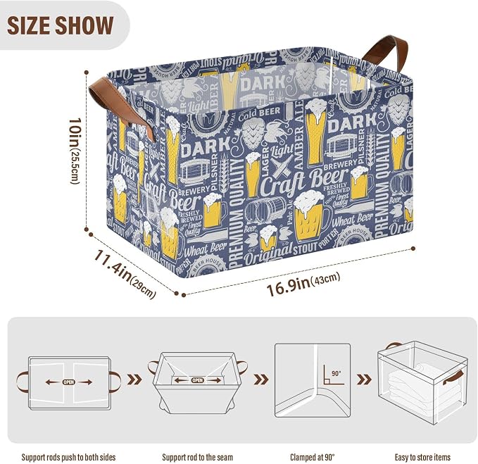 Retro Vintage Beer Storage Bins for Shelves with Labels&Handles Fabric Organizer Bin Foldable Rectangle Blue and Yellow Storage Basket Craft Beer Boxes for Closet, Bathroom, Home, Living Room