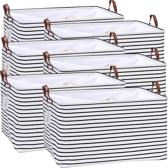 Hinwo 70L Extra Large Canvas Storage Bin with Lid and Handles, 6-Pack | Collapsible Fabric Baskets, Closet Shelf Organizers, Containers for Clothing, Blankets, Toys, Bedding (Black Stripe)