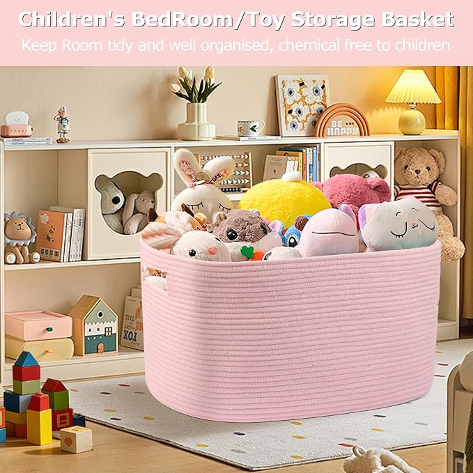 75L Large Woven Storage Basket, Pink Cotton Rope Laundry Hamper with Handles, 22”x17”x12” Rectangle Blanket Basket for Toys, Clothes, Pillows, Nursery and Living Room,Shelf Basket
