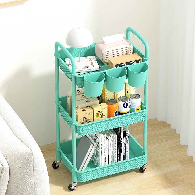 MOYIPIN 3-Tier Plastic Rolling Utility Cart with Handle,Turquoise | Utility Storage Cart for Office, Living Room, Kitchen,Movable Storage Organizer，Easy installation，Rattan-like art design