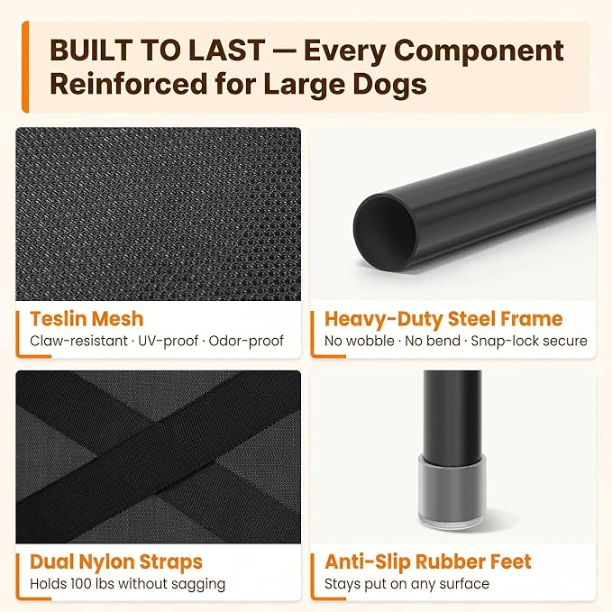 Petsfit 48 Inch Elevated Dog Bed for Large Dogs, Patented Anti-Sag Cot | Patented anti-sag tension bar, cooling Teslin mesh, dual support straps, tool-free setup and non-slip feet; up to 120 lb.