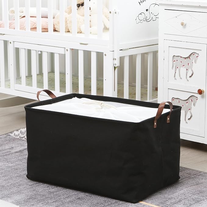 Hinwo 70L Extra Large Canvas Storage Bin with Lid and Handles, 4-Pack | Collapsible Fabric Baskets, Closet Shelf Organizers, Containers for Clothing, Blankets, Toys, Bedding (Black)