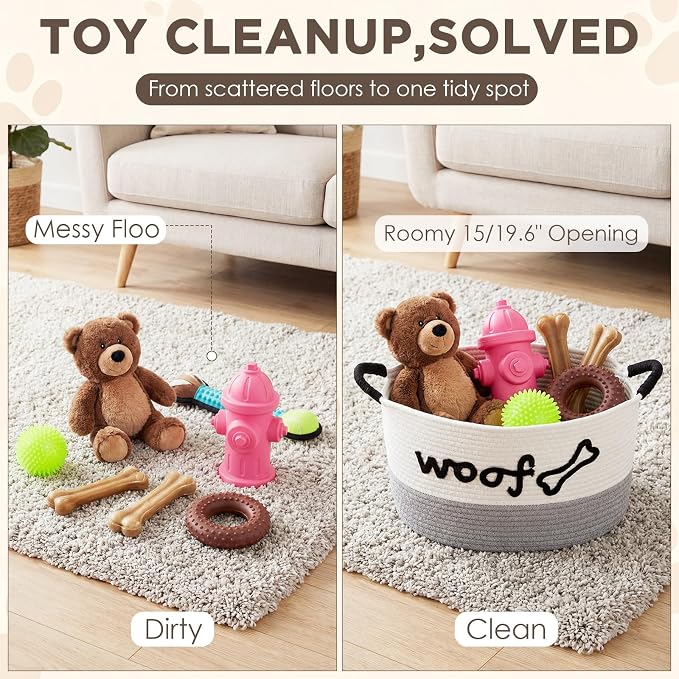 Zhehao Dog Woven Toy Basket with Handles, 15 x 11 x 9 in, White Gray | Cotton Rope Dog Toy Storage Bin, Pet Basket with Woof Bone Embroidery, for Puppy Bone & Blankets