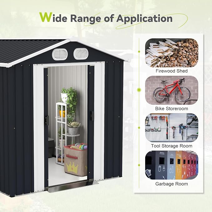 6x8 FT Outdoor Storage Shed, Metal Storage Shed with Lockable Doors & Air Vents, Heavy-Duty Storage Tool Shed for Backyard Garden Patio, Dark Grey