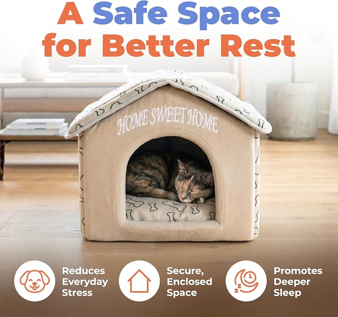 Best Pet Supplies Cat Bed for Indoor Cat, Domed Tent House with Removable Pillow, Covered Cat Cave for Small Dog, Puppies and All Breeds of Cats - Light Brown w/ Bones, 16 x 16 x H:14"