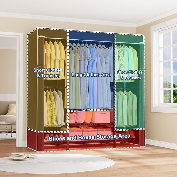 E3C Heavy Duty Portable Closet Wardrobe with Black Fabric Cover | Freestanding Metal Closet System Storage Organizer for Clothing, Clothing Rack Holds up to 850 lbs, 59.5"W x 16.5"D x 77.4"H