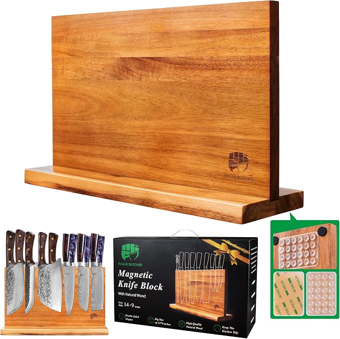 FULLHI Kitchen Magnetic Knife Block Holder Large Magnetic Strip NaturalWood | Enhanced Magnets,natural wood,Multifunctional Storage Holder,for Kitchen Utensil, Knife Set, Scissors,Spice Ja