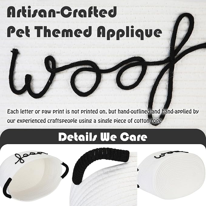 Sea Team Dog Toy Storage Basket with Handles, White Woof | Large Cotton Rope Storage Bin, Shelf Basket, Organizer for Pet Chew Toys, Foods, 16.5 x 11 x 7 Inches, 4.4 Gallons