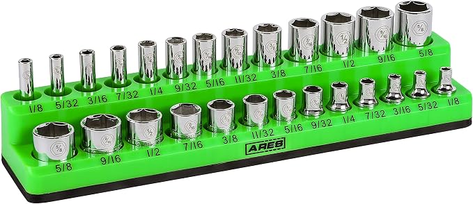 ARES 60005 26-Pc 1/4-In Red/Green SAE Magnetic Socket Organizer | Multi-Size Inch Drive Bit Set