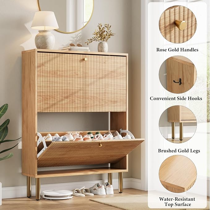 Shoe Storage Cabinet for Entryway - Ultra Slim Shoe Cabinet with Tiered Fluted Design - Modern Shoe Organizer for Entryway with Gold Legs, Hidden Shoe Rack for Small Spaces, Fits Men's Size 12+