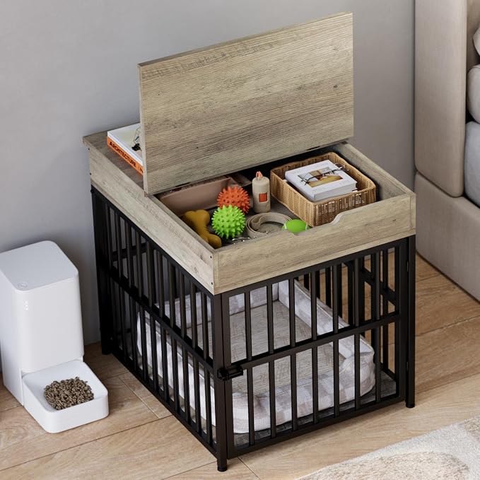 IRONCK Dog Crate Furniture for Small Dogs, Gray | Wooden Dog Kennel with Flip Top Drawer, Indoor Pet Crate End Table with Charging Station, Steel-Tube Dog Cage