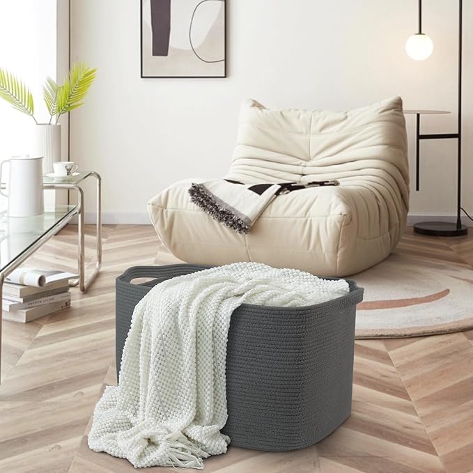 Extra Large Rope Basket, 23.6" x 17" x 12" Rectangle Wicker Baby Laundry Basket, Kids Toy Storage Baskets, Woven Basket for Blankets Clothes Pillows, Laundry Room Organization, Dark Grey