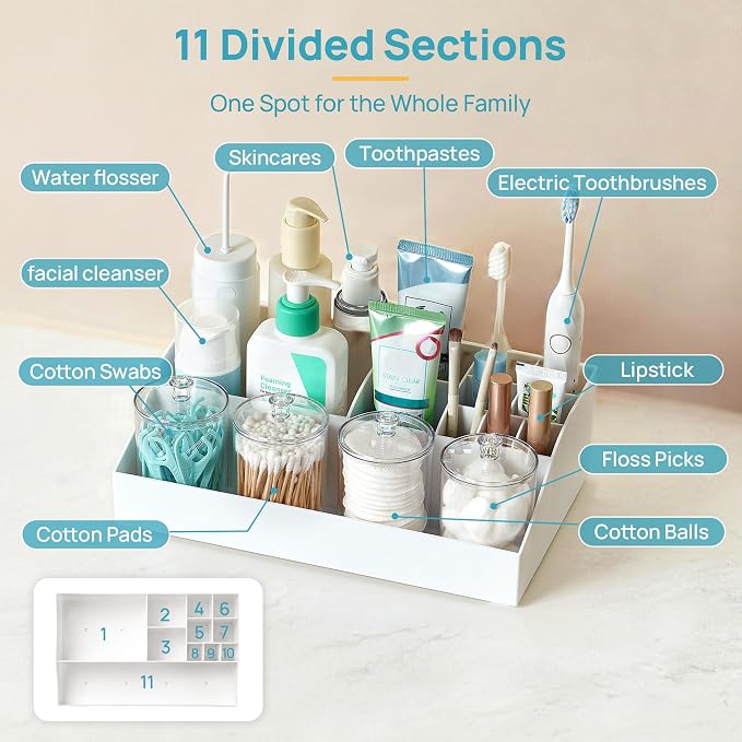 Vtopmart 5 PCS Bathroom Countertop Organizer Sets, White | 1 Divided Tray with 4 Qtip Holder Jars, For Toothbrush, Cotton Pads Balls, Floss, For Bathroom Countertop