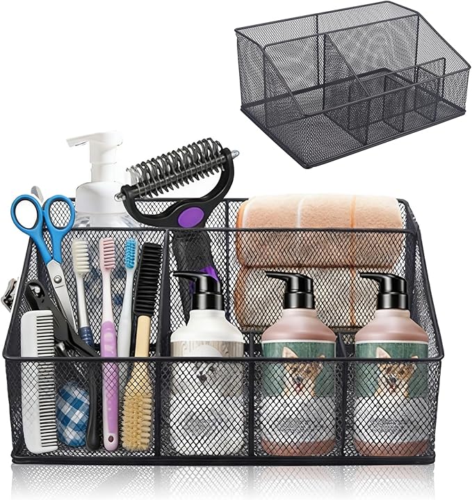 Universal Pet Grooming Supplies Organizer, Dog Storage Organizer for Grooming Supplies, 6-Compartment Mesh wire Dog Stuff Storage Organizer for Dogs Cat Grooming Blanket,Shampoo,Trimmer,Clipper,Brush