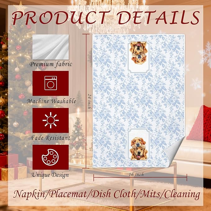 Blue and White Chinoiserie Golden Retriever Kitchen Towels 16x24 in, Gifts for Golden Retriever Lovers, Grandmillennial Toile De Jouy Dog Decorative Hand Tea Dish Towels for Bathroom Kitchen