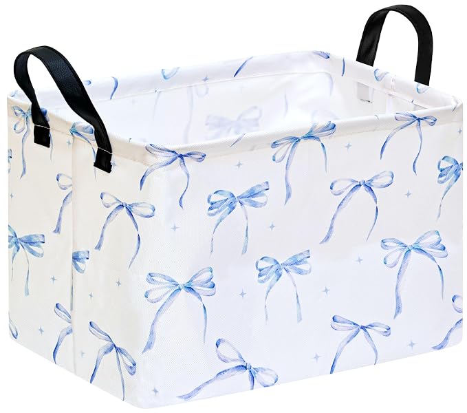 Girls Storage Basket with Blue Bow Print,14.5" x 10.2" x 9.4",Waterproof | Foldable Bin with Leather Handles;Ideal for Girls' Bedroom,Gift,Laundry&Toy Storage;Coquette Aesthetic Decor