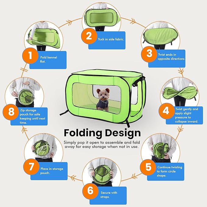 Portable Collapsible Pop Up Kennel, 40" L x 27" W x 27" H, Green | Collapsible indoor/outdoor travel cat and dog crate with mesh screen windows pops up and folds flat for easy storage