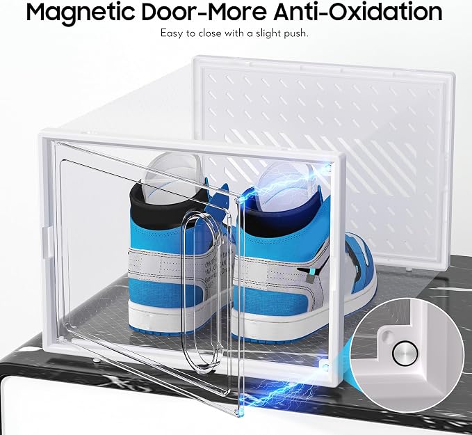 Large Shoe Organizer Storage Box with Magnetic Door,12 Pack Clear Plastic Stackable Sneaker Containers for Closet, Connect Left and Right Shoe Box for Entryway, Drop Front, Under Bed (White)