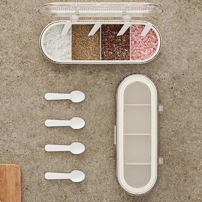 4 Dividers Condiment Pot with 4 Spoons, PP and PET Container Condiment Box | Clear Lid, Store Salt, Sugar, Pepper Powder, Cinnamon Powder, Cumin Powder, Parsley Flakes