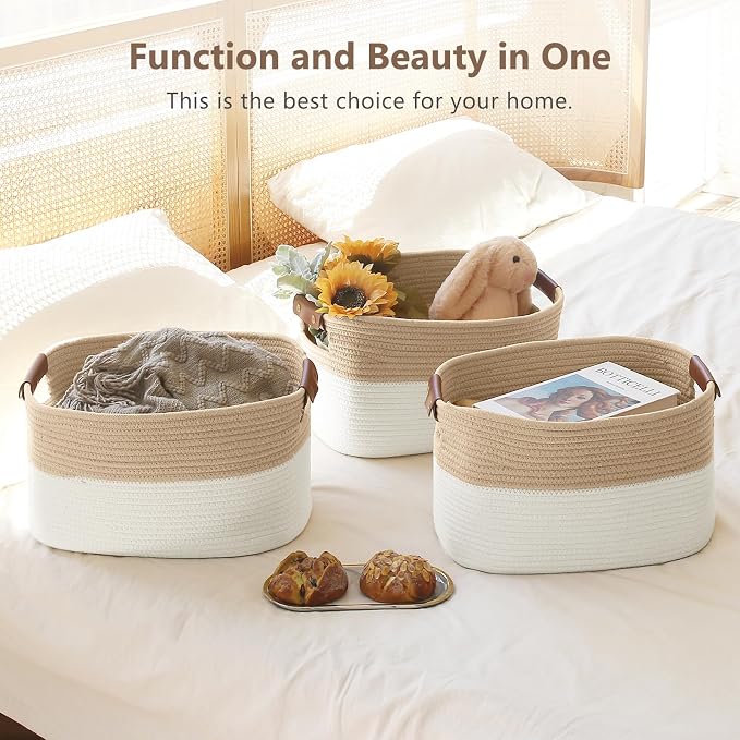 ECDYQXVU 15x10x9 Woven Cotton Rope Storage Basket, Leather Handles 1 Pack | Foldable Design, Sturdy PU Handles, Easy to Clean Organizer for Living Room, Closet, Shelves, Bedroom, Laundry, Clothes