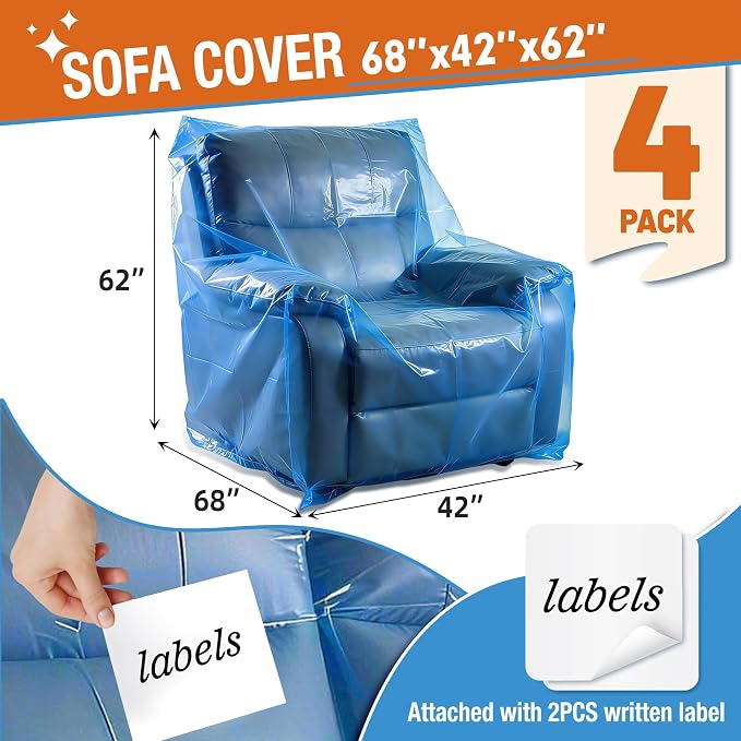 Extra Large Chair Moving Cover for Storage Transportation, Sofa Couch Clear Plastic Moving Cover with Labels, Waterproof and Dust Proof, Bag Open Size 65x 42 x 34 Inch, Blue, 4 Pack