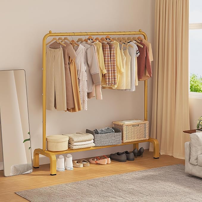 Metal 43.3 Inches Garment Rack with Bottom Shelf Clothing Rack for Hanging Clothes Coats Skirts Shirts Sweaters Gold | Metal 43.3 Inches Garment Rack Clothing Clothes Rack with Bottom Shelf for Hanging Clothes Coats Skirts Shirts Sweaters Gold
