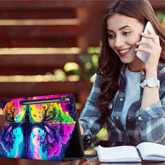 Case for Samsung Galaxy Tab S10+ Plus 2024/ S9 FE Plus/ S9 Plus 12.4" 2023 | Slim Leather Smart Cover with Multi-Angle Anti-Slip Stand [Auto Wake/Sleep] Shell for Women Men, Purple Green Tree
