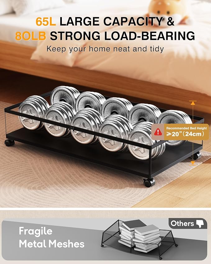 Under Bed Storage with Wheels,1Pack Underbed Shoe Storage Organizer,7.5-10.6 inchTall Adjustable Storage for Underbed with Lids,65L Extra large capacity for Clothes, Blankets,Shoes