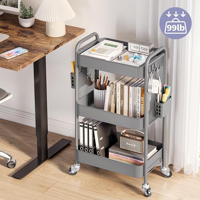 TOOLF 3 Tier Rolling Cart, Metal Utility Storage Cart with Pegboard, Grey | 2 Bins & 4 Hooks, Screwless Assembly, Lockable Wheels, Trolley Organizer for Bathroom, Kitchen, Office, Dorm, Craft Room