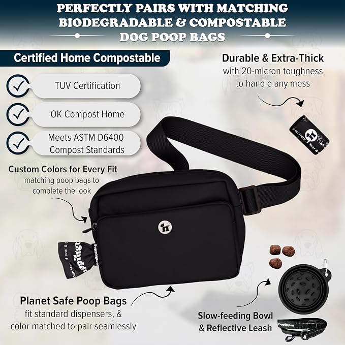 Puppington 3-in-1 Crossbody Dog Treat Pouch for Pet Training - Compostable Poop Bags, Built-In Poop Bag Dispenser, Slow-Feeding Travel Dog Bowl & Reflective Leash - Dog Walking Bag (Onyx Black)