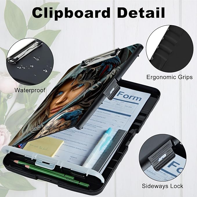 A4 Clipboard with Storage Pen Holder, Clipboards Organizer Nursing Clipboard Foldable File Folder Plastic Clipboard Folio Clip Board for Office Work Classroom Doctor, Blue Eyed Girl