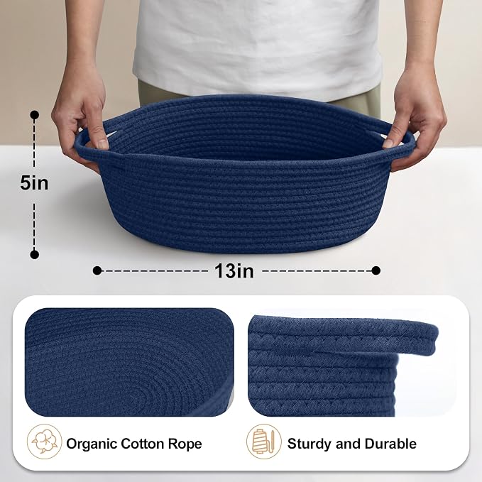 Dark Blue Small Woven Basket, 13” x 9” x 5” Baskets for Gifts Empty, Cotton Rope Gift Basket, Cute Nursery Baby Organizer, Cat Dog Toy Box, Oval Wicker Storage Bin with Handle