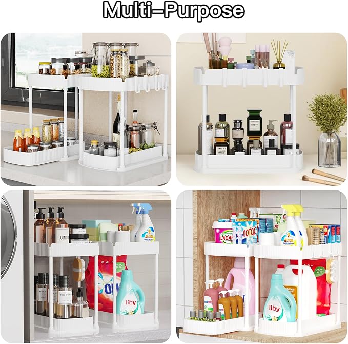 2 Packs Under Sink Pull-Out Storage Organizers, 14.8 Inches, White | Multi-Purpose Cabinet Organizers and Storage for Bathroom & Kitchen