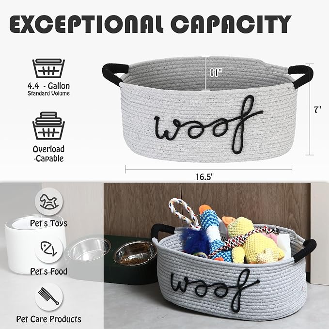 Sea Team Dog Toy Storage Basket with Handles, Gray Woof | Large Cotton Rope Storage Bin, Shelf Basket, Organizer for Pet Chew Toys, Foods, 16.5 x 11 x 7 Inches, 4.4 Gallons