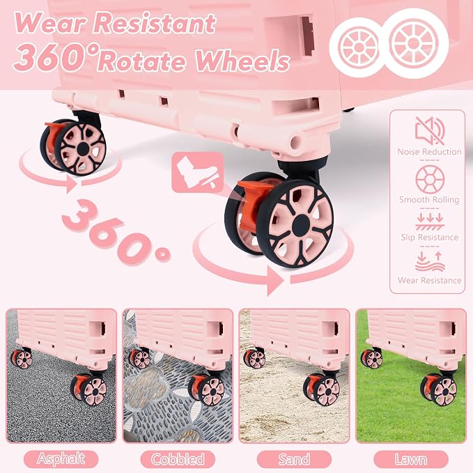 FELICON SELORSS Folding Utility Cart Portable Rolling Crate Handcart-Pink | Adjustable Handle+Extended Magnetic Lid,Storage Basket Box,4 Swivel Wheels Tote for Teacher Move Shop Travel Grocery Office