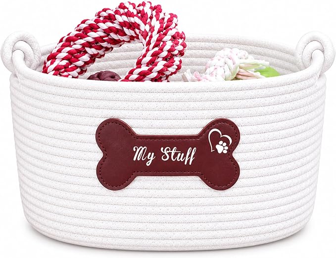 JUPPE Pet Dog Basket with Personalized Name, Dog Toys Storage Organizer Custom Cotton Rope Basket Nursery Decor (Brown Leather Basket)