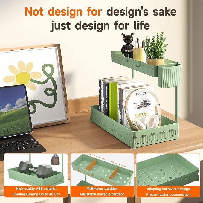3-Pack 2-Tier L-Shaped Under Sink Organizers with Sliding Drawers | Multi-use kitchen & bathroom storage, 12.85 inch green cabinet organizer, space-saving sliding drawer design.