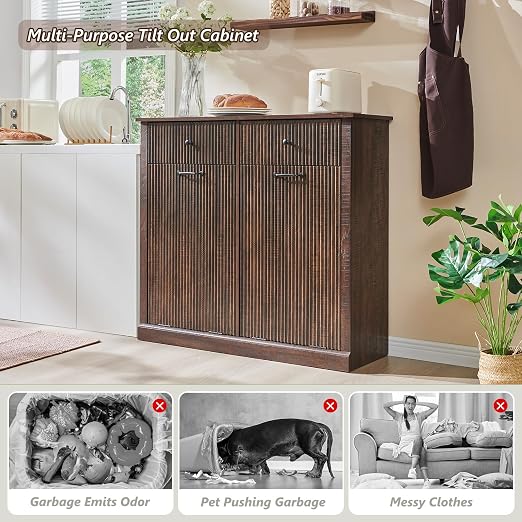 IFGET Double Tilt-Out Trash Cabinet, Fluted Laundry Hamper Cabinet, Brown